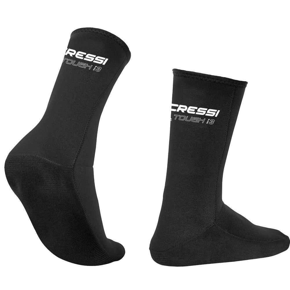 Pair of black Cressi Tough Socks 3mm shown from front and rear with Cressi Tough 3 markings.
