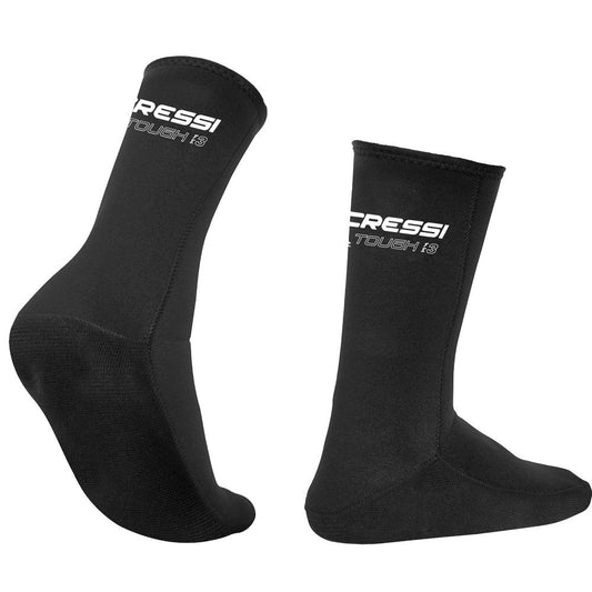 Pair of black Cressi Tough Socks 3mm shown from front and rear with Cressi Tough 3 markings.