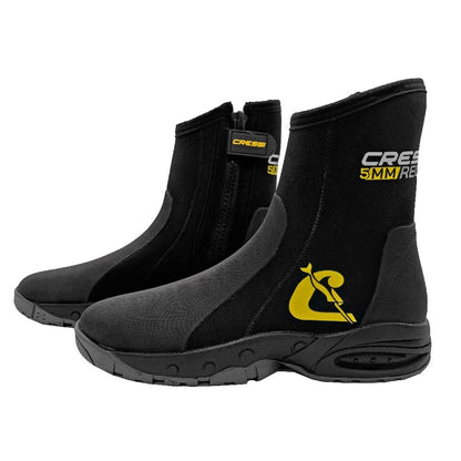 Pair of black Cressi Recon HD 5mm dive boots shown from the side with reinforced toe and heel panels.