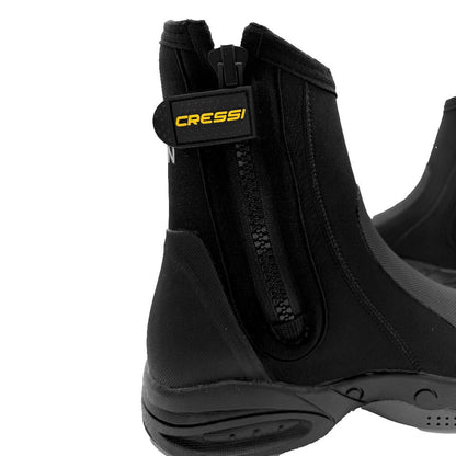 Close-up of a black Cressi Recon HD dive boot showing the side zipper and Cressi branding.