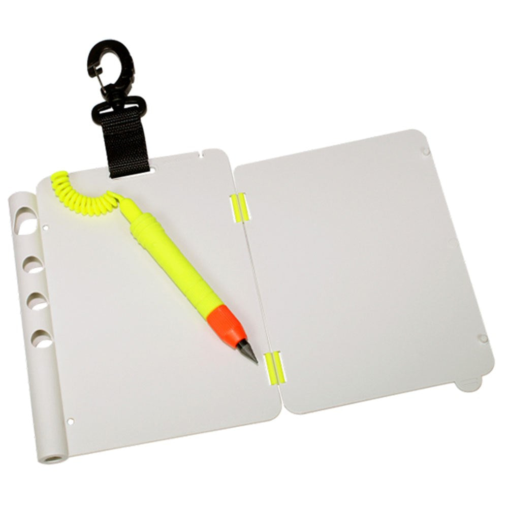 Cressi folding dive slate open with secured pencil and attachment clip