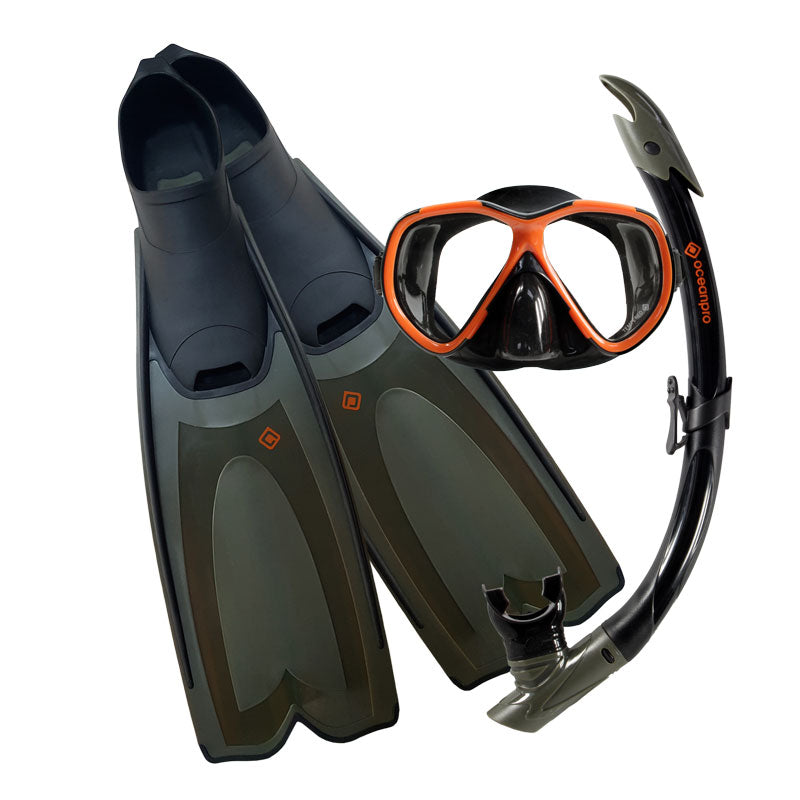 Oceanpro Mallacoota mask, snorkel and fin set in black grey and orange