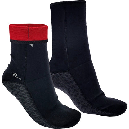 Pair of black Ocean Hunter Plush Socks marked 2mm, with one cuff folded to show the red lining.