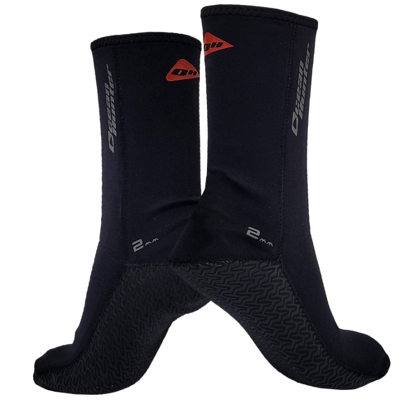Rear view of Ocean Hunter Plush Socks marked 2mm, showing the patterned heel and sole panels.
