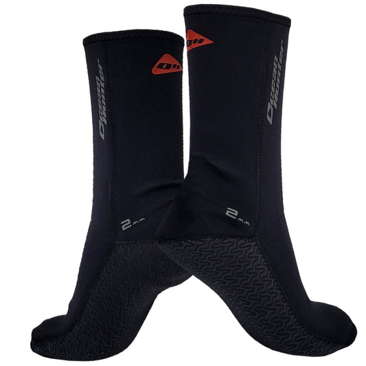 Rear view of Ocean Hunter Plush Socks marked 2mm, showing the patterned heel and sole panels.