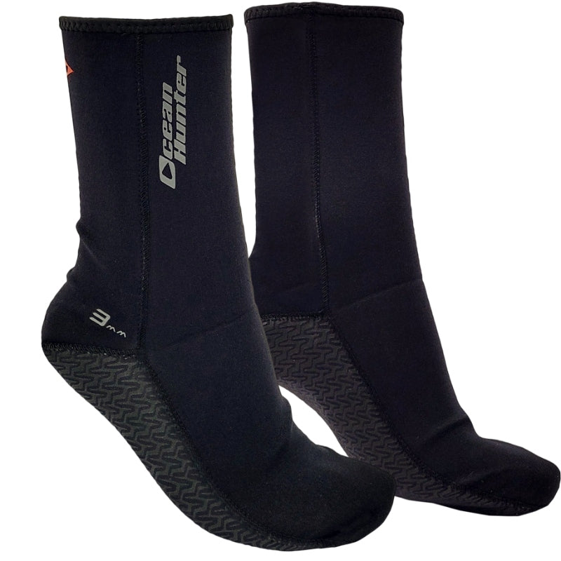 Pair of black Ocean Hunter Plush Socks marked 3mm, showing the side branding and patterned soles.