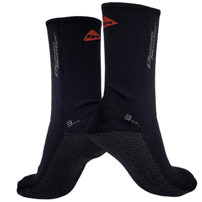 Rear view of Ocean Hunter Plush Socks marked 3mm, showing the patterned heel and sole panels.