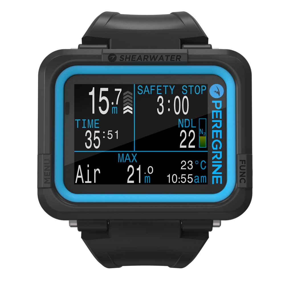 Shearwater Peregrine black and cyan dive computer front view