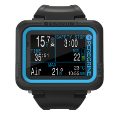 Shearwater Peregrine black and cyan dive computer front view