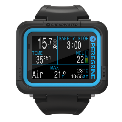 Shearwater Peregrine black and cyan dive computer front view