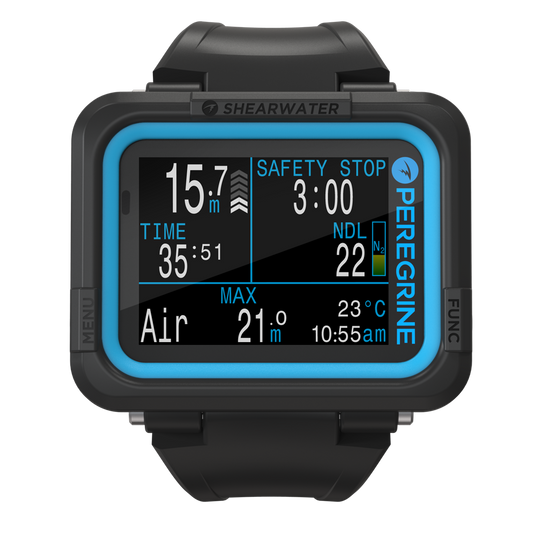 Shearwater Peregrine black and cyan dive computer front view