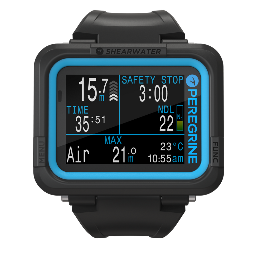 Shearwater Peregrine black and cyan dive computer front view