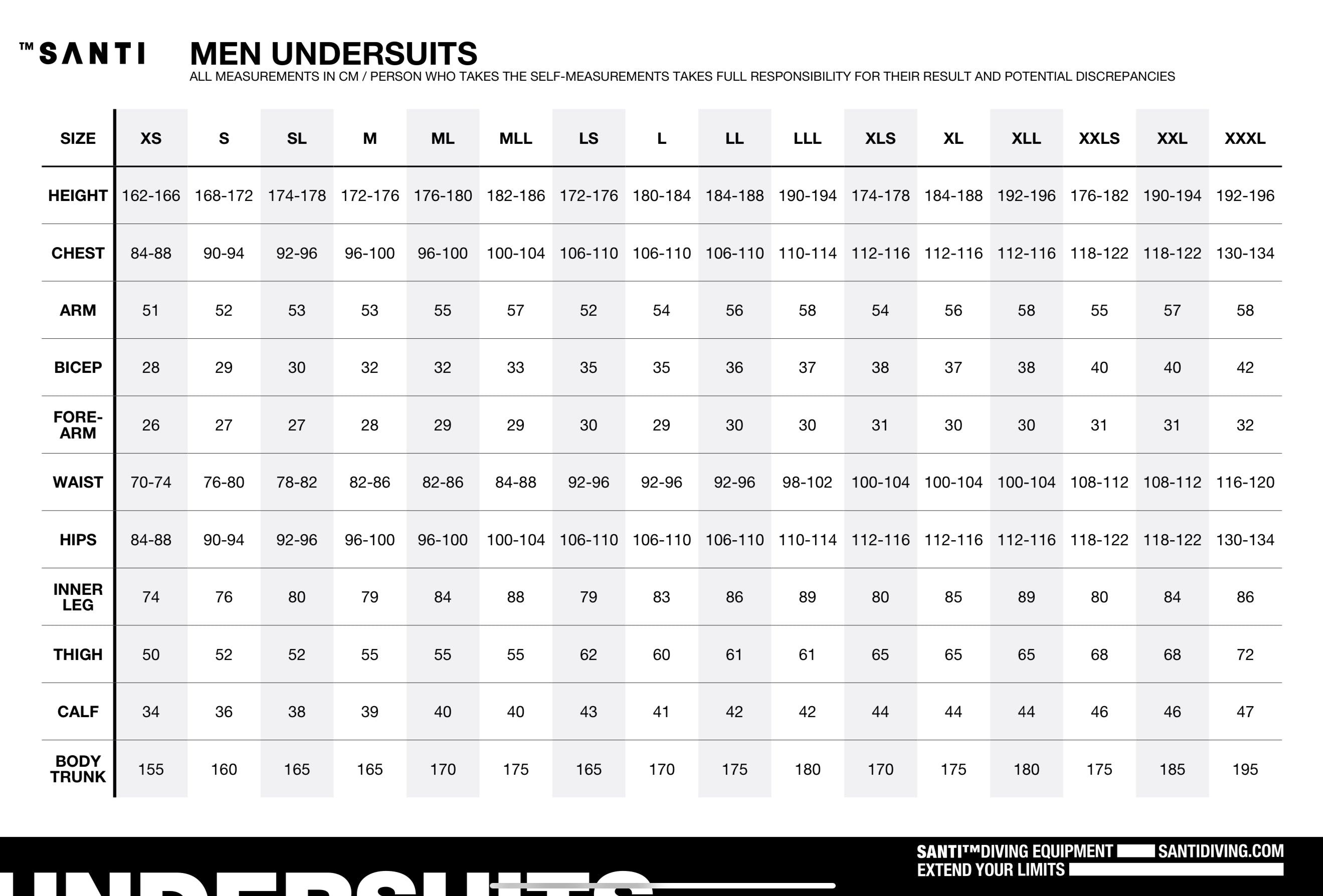 SANTI Men's Undersuits Size Chart