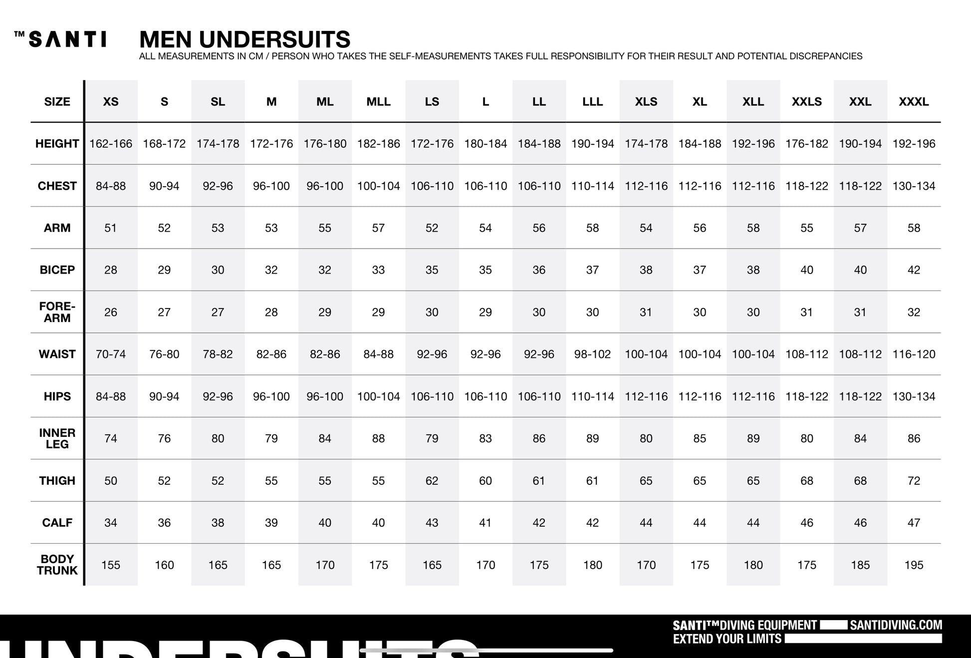 SANTI Men's Undersuits Size Chart