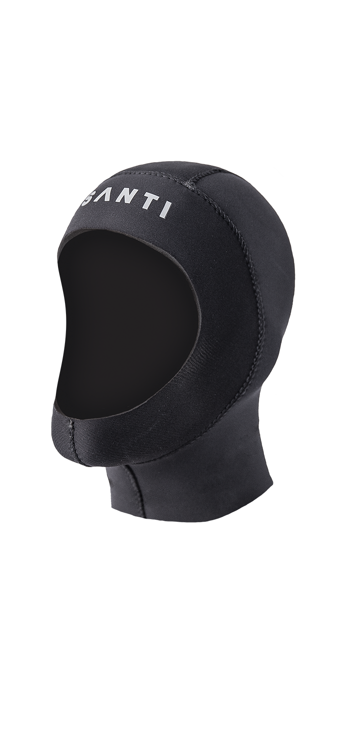 This image features the SANTI 11mm Neoprene Hood, designed for water sport enthusiasts. The hood is crafted from a flexible neoprene material, with a jersey outer shell and a smooth skin inner shell, ensuring a comfortable and secure fit.