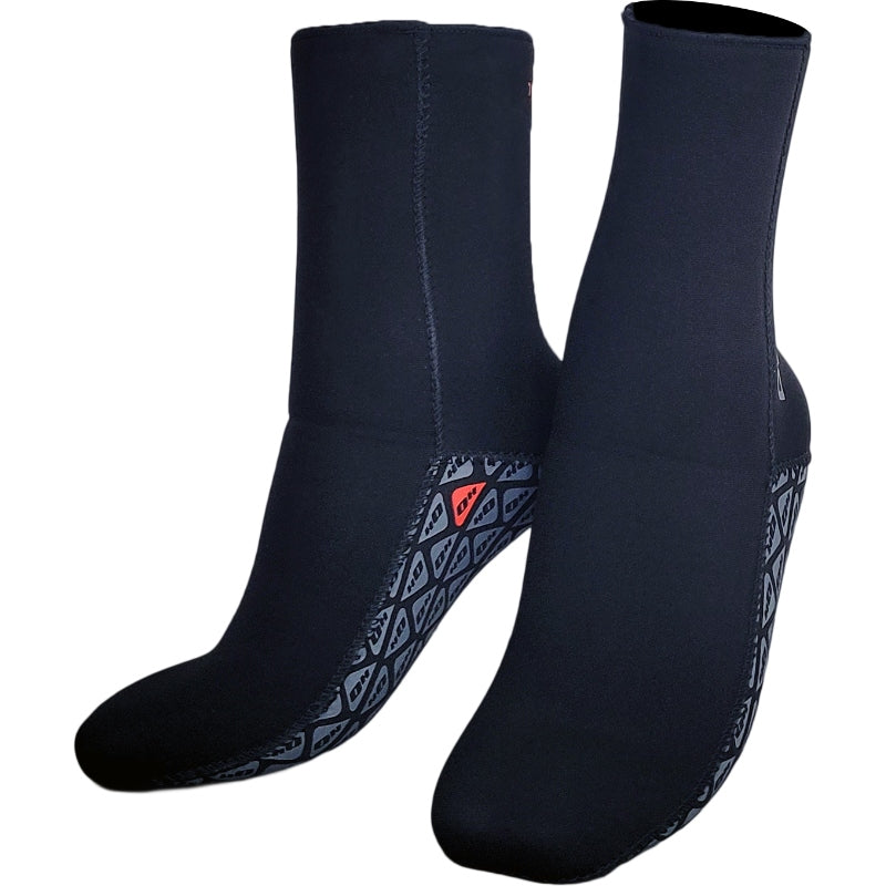 Pair of black Ocean Hunter Fin Socks showing the patterned underfoot panels.