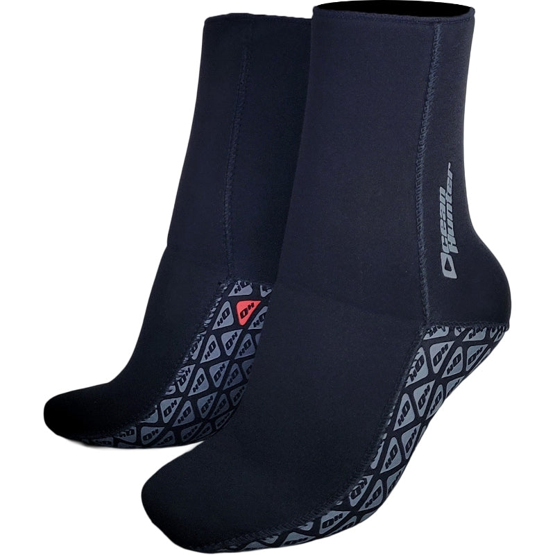 Angled pair of black Ocean Hunter Fin Socks with Ocean Hunter side branding and patterned soles.