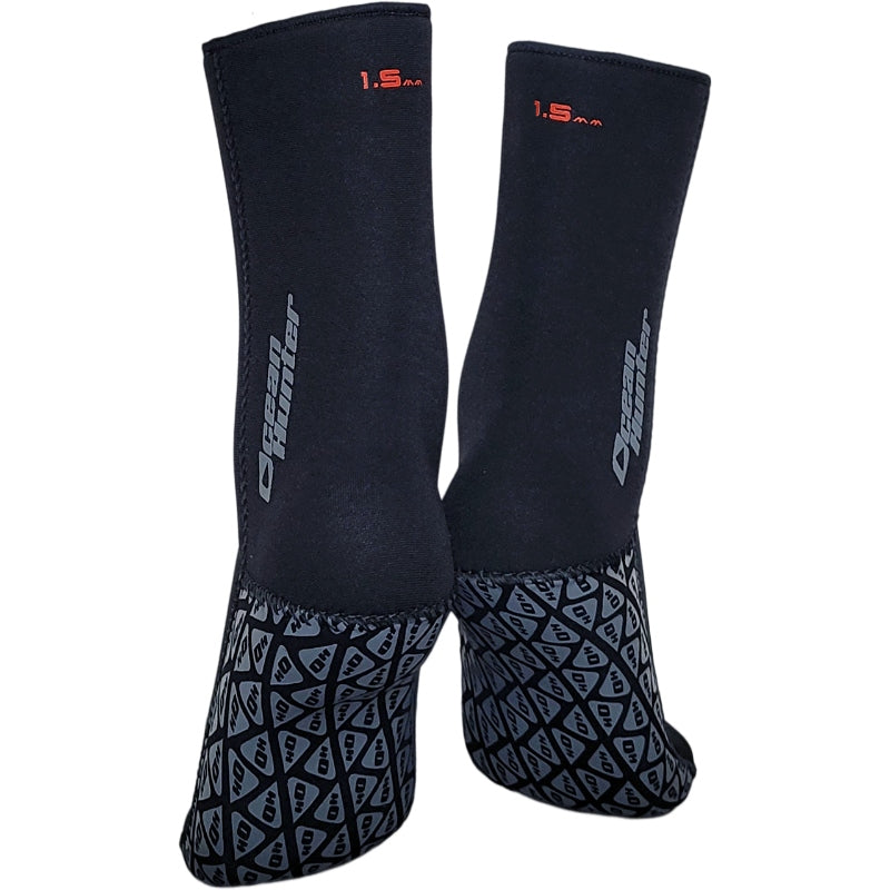 Rear view of a pair of Ocean Hunter Fin Socks marked 1.5mm with patterned heel and sole panels.
