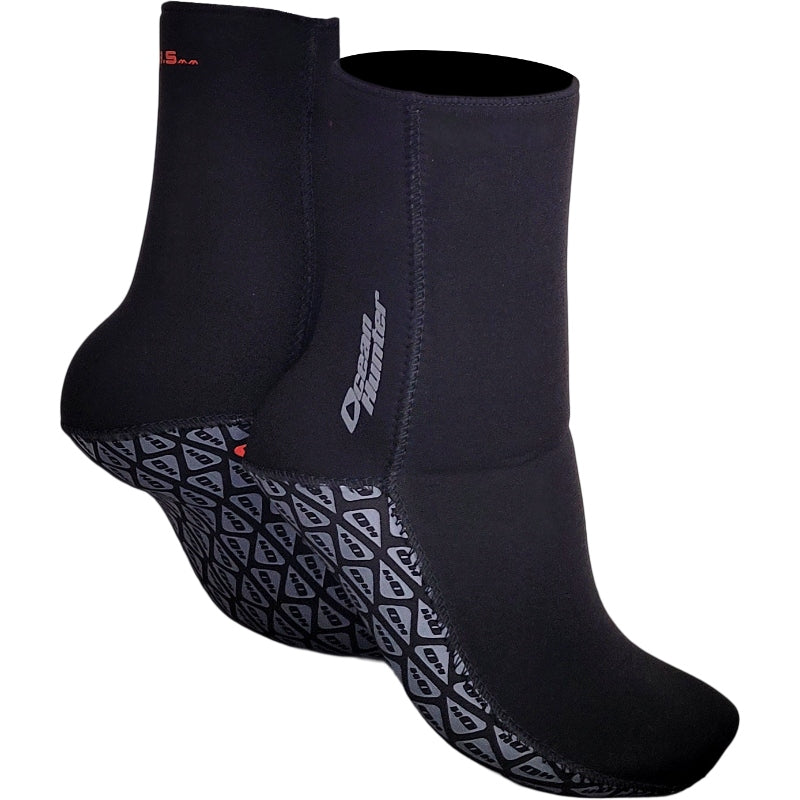 Side and rear views of Ocean Hunter Fin Socks 3.5mm showing the patterned sole panels.