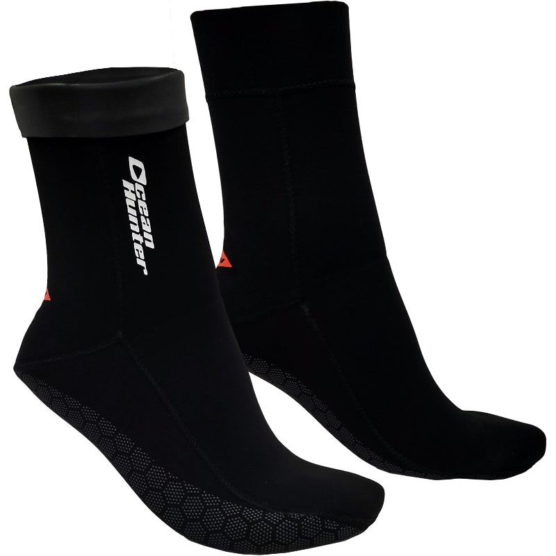 Pair of black Ocean Hunter Ultra Stretch Socks with one Glideskin ankle cuff folded down.