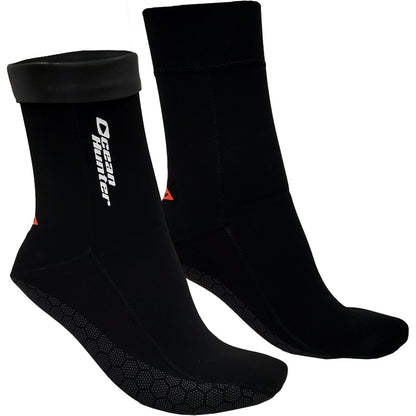Pair of black Ocean Hunter Ultra Stretch Socks with one Glideskin ankle cuff folded down.