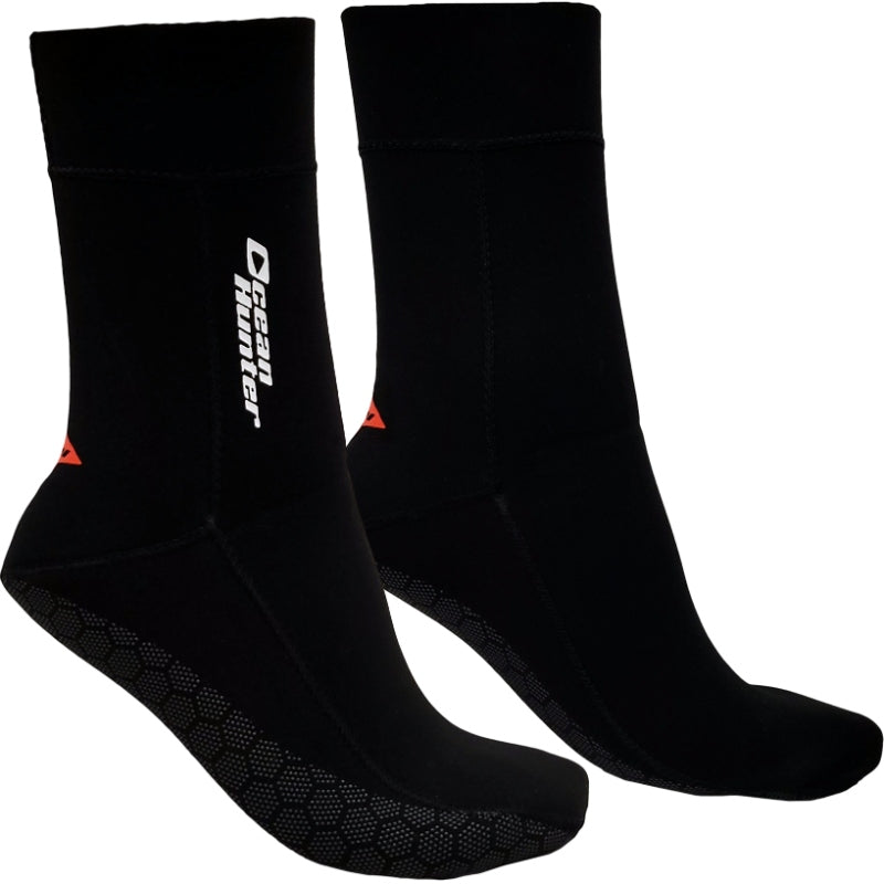 Side view of black Ocean Hunter Ultra Stretch Socks showing the printed sole surface.