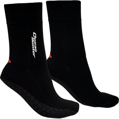 Side view of black Ocean Hunter Ultra Stretch Socks showing the printed sole surface.