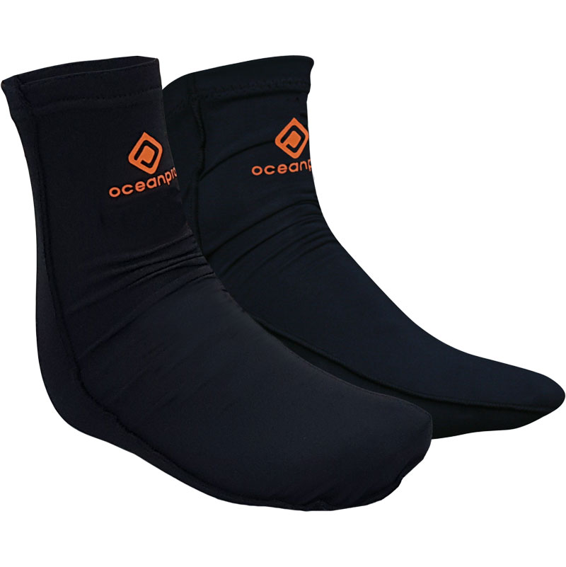 Pair of black Oceanpro Lycra Fin Socks with orange Oceanpro logos.