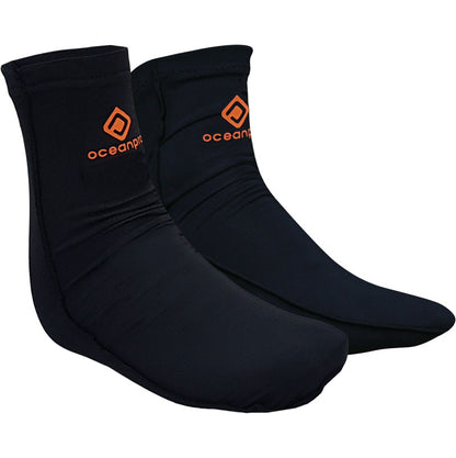 Pair of black Oceanpro Lycra Fin Socks with orange Oceanpro logos.