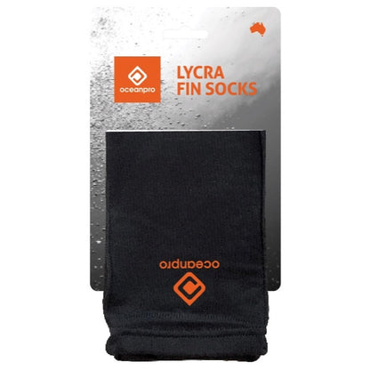 Folded black Oceanpro Lycra Fin Socks attached to their retail display card.