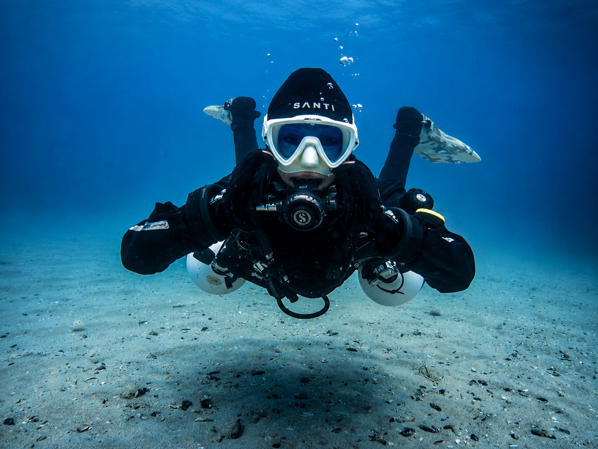 Sidemount diver demonstrating a streamlined cylinder configuration underwater