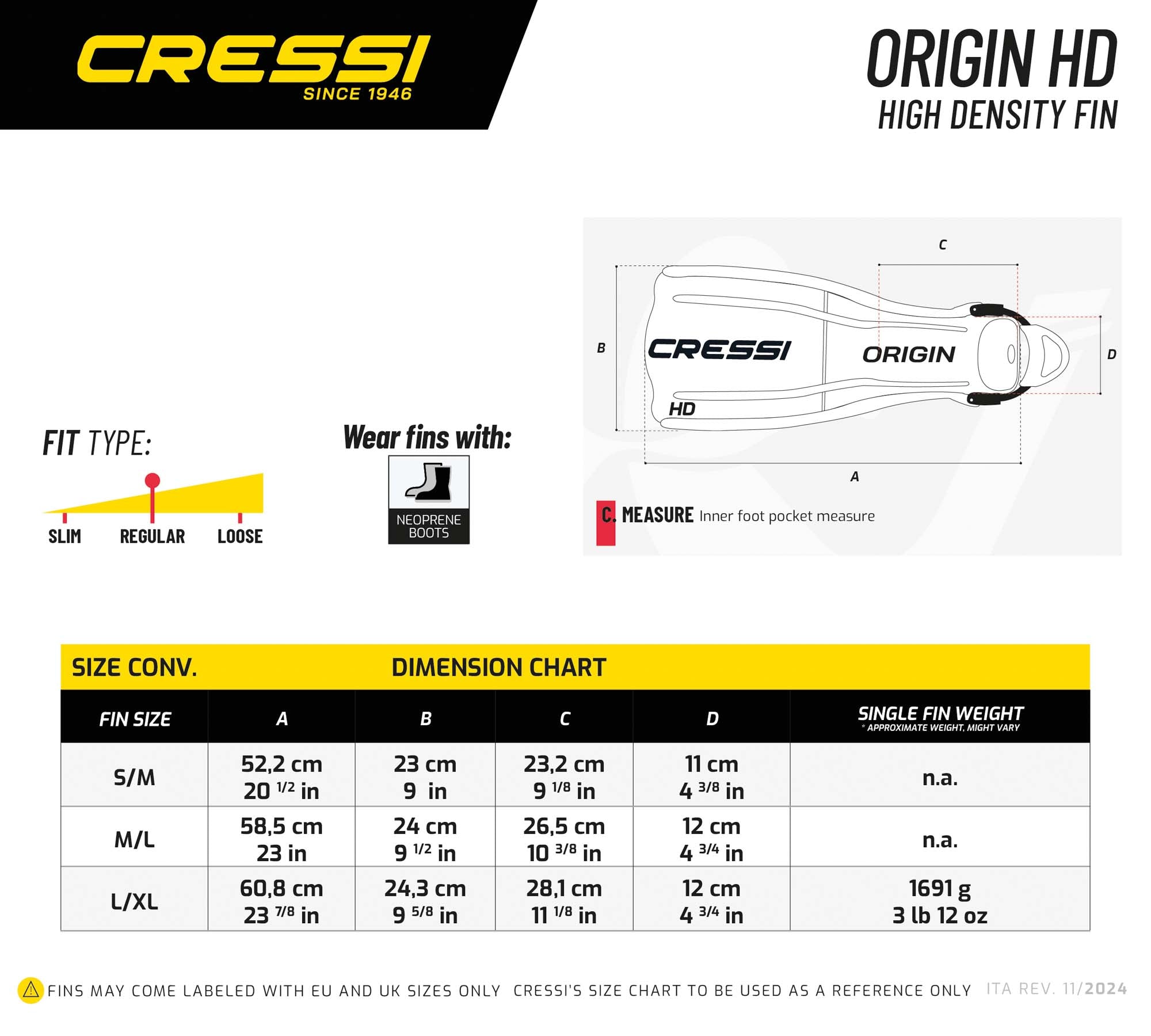 Cressi Origin HD fins size and dimension chart for S/M, M/L and L/XL