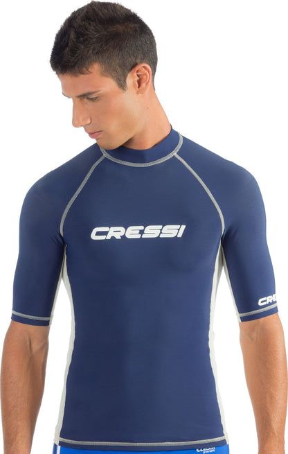 Cressi Men's Short Sleeve Rash Guard in Dark Blue — worn front view