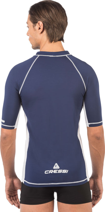 Cressi Men's Short Sleeve Rash Guard in Dark Blue — worn rear view