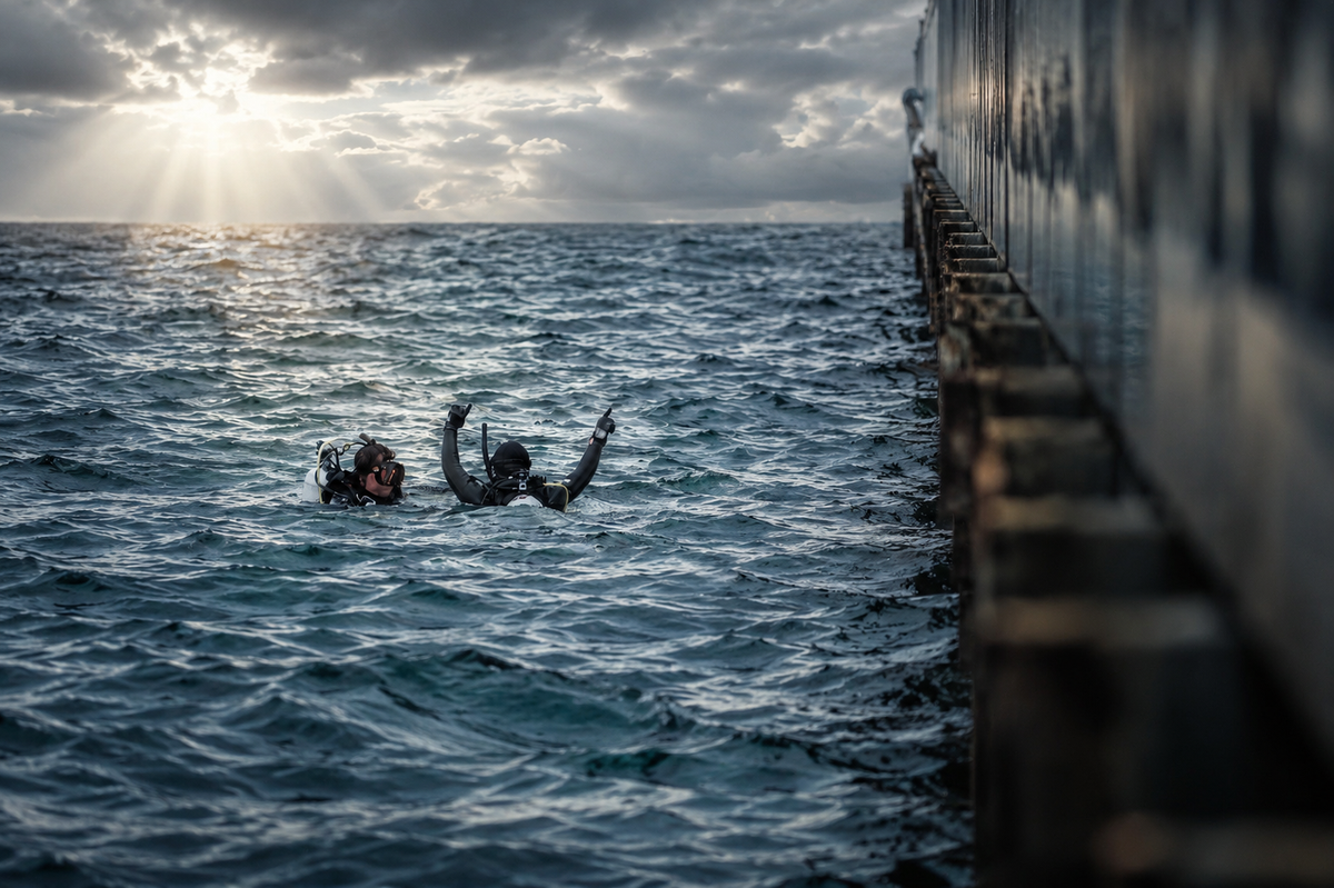 Two divers practising skills at the surface beside a pier