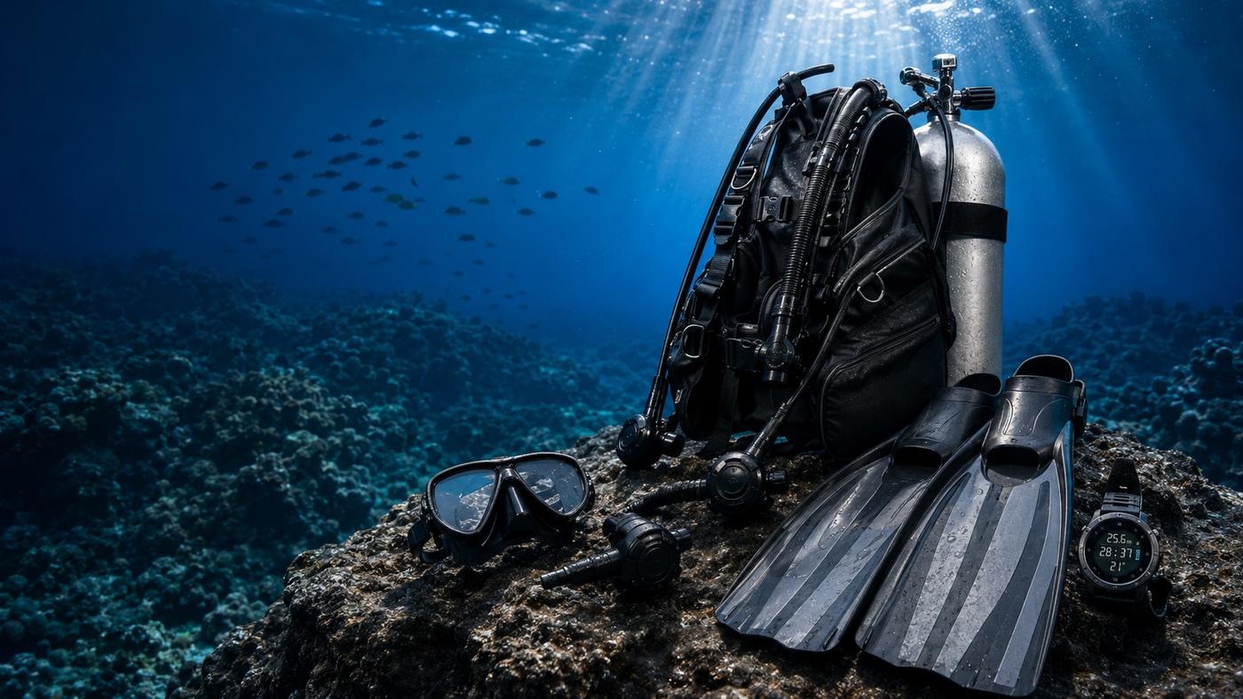 Scuba diving equipment including a BCD, cylinder, regulator, mask, fins and dive computer underwater