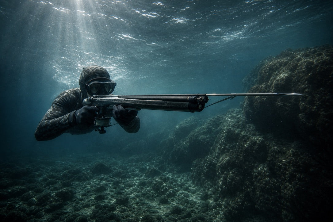 Spearfisher underwater holding a speargun