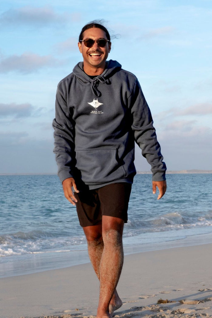 Protect What You Love Manta Ray Hoodie — Petrol Blue, worn front view