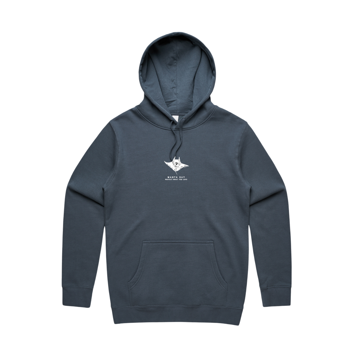 Protect What You Love Manta Ray Hoodie — Petrol Blue, front view