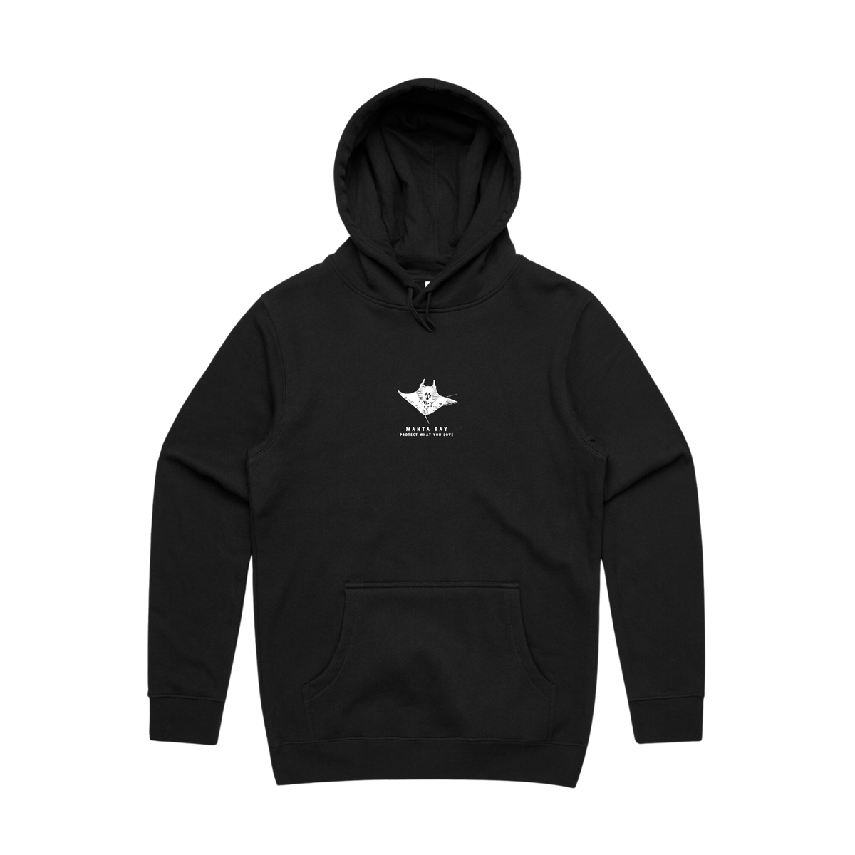 Protect What You Love Manta Ray Hoodie — Black, front view