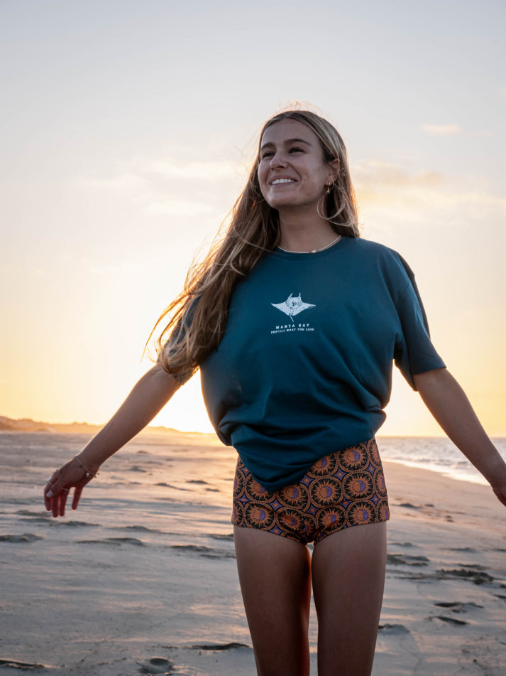 Protect What You Love Manta Ray Tee — Ocean, worn front view