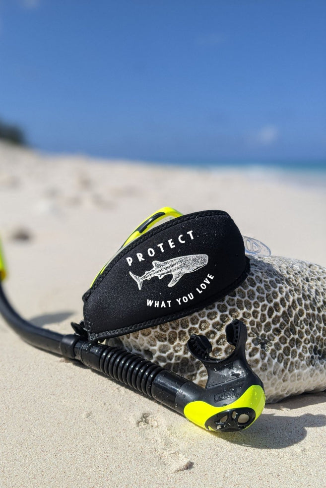 Protect What You Love Whale Shark Mask Tamer — strap cover shown on a mask; mask not included