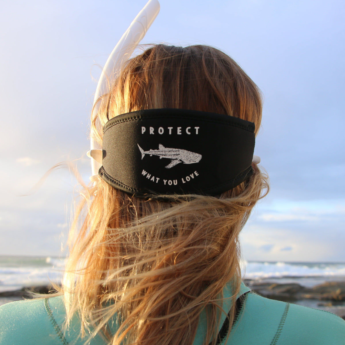 Protect What You Love Whale Shark Mask Tamer — cover worn over a mask strap