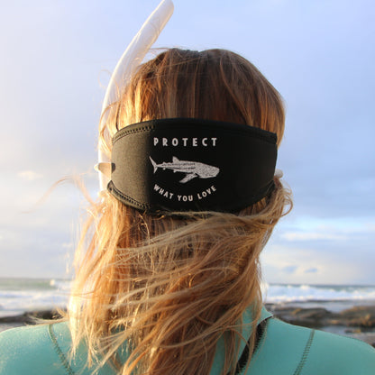 Protect What You Love Whale Shark Mask Tamer — cover worn over a mask strap
