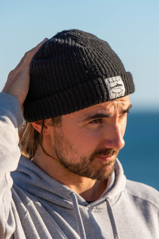 Protect What You Love Tiger Shark Beanie — Black, worn view