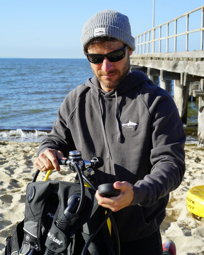 Protect What You Love Tiger Shark Beanie — Grey, worn view