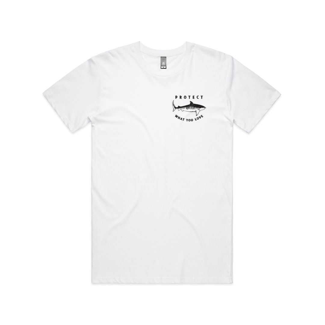 Protect What You Love Classic Tiger Shark Tee — White, front view