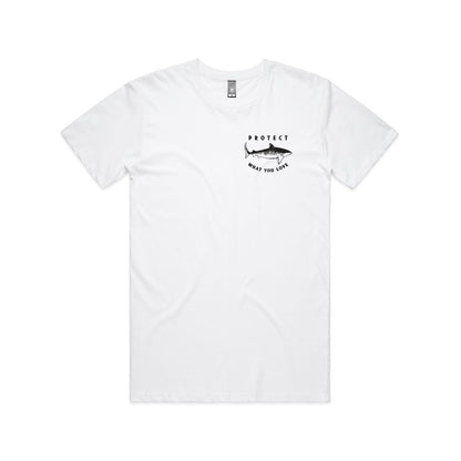 Protect What You Love Classic Tiger Shark Tee — White, front view