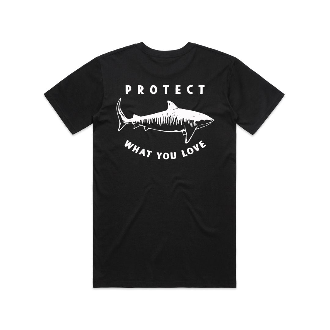 Protect What You Love Classic Tiger Shark Tee — Black, rear design