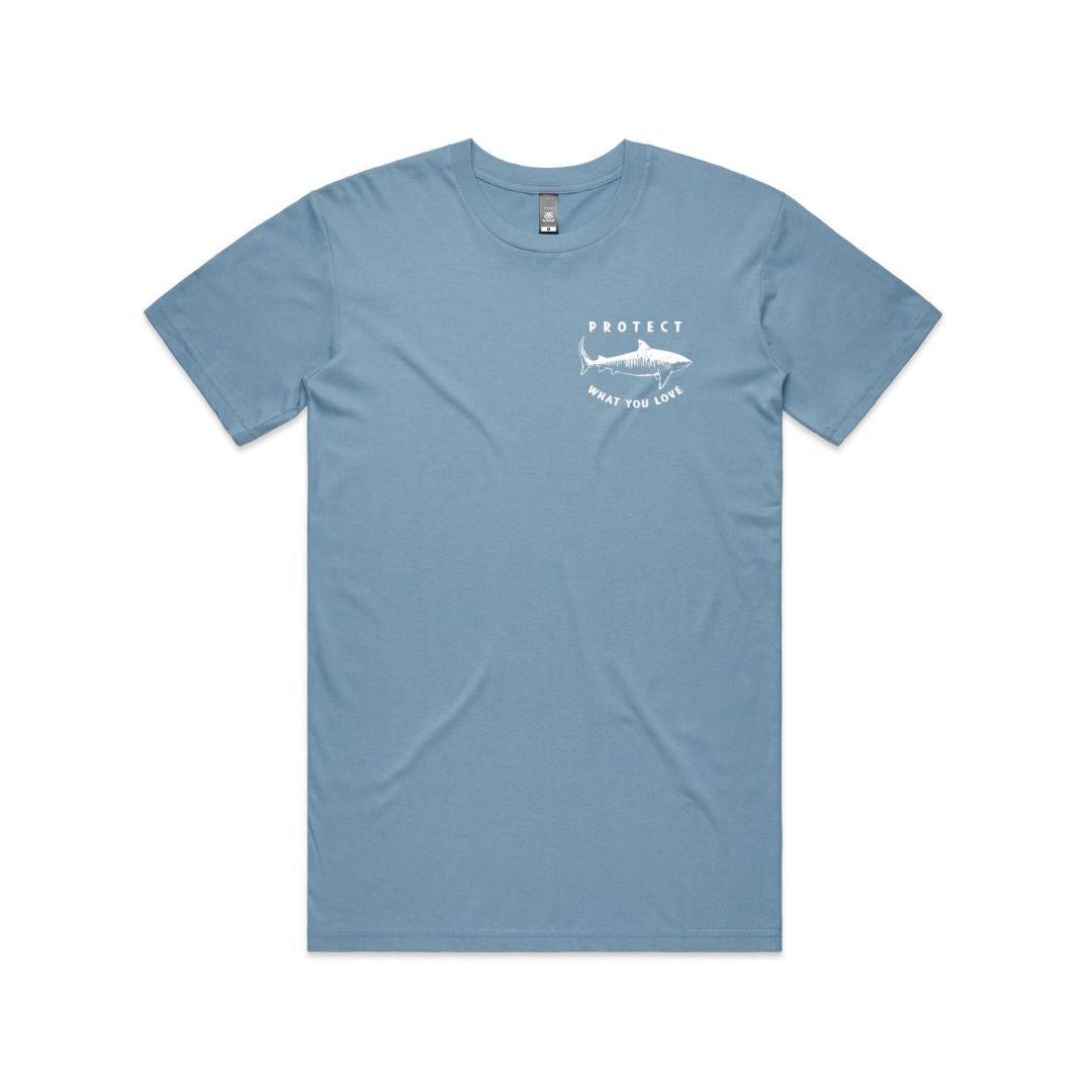 Protect What You Love Classic Tiger Shark Tee — Light Blue, front view